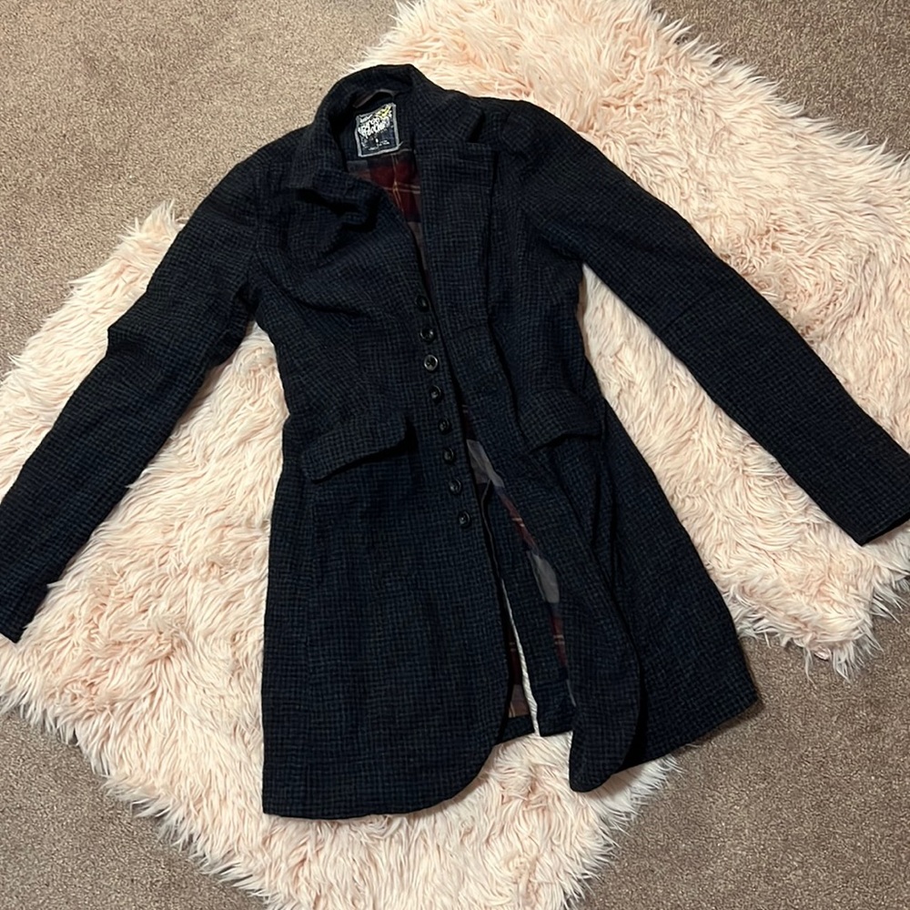 Free People Navy and Black Textured Long Coat